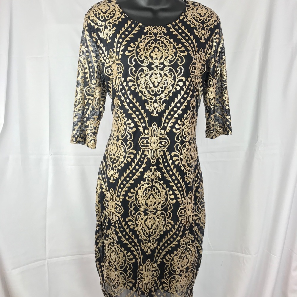 Olivia Matthews Sz 14 Black Gold Sequined Dress